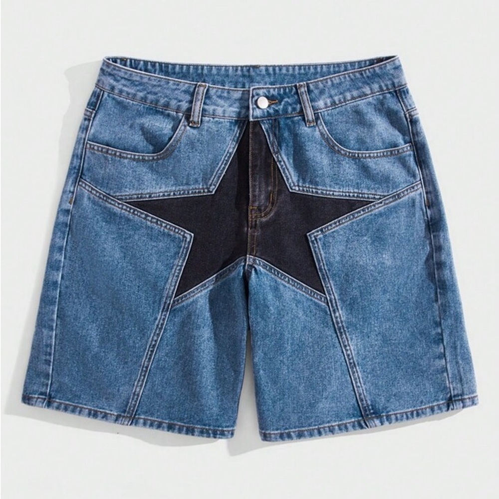 Men's Blue Denim Shorts with Black Star Design